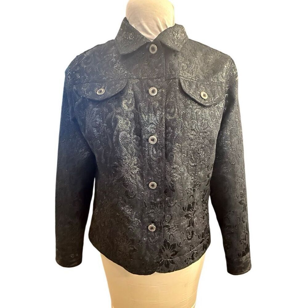 Ruby Rd. Black & Silver Metallic Lightweight Jacket Button Front Pockets Sz. 14